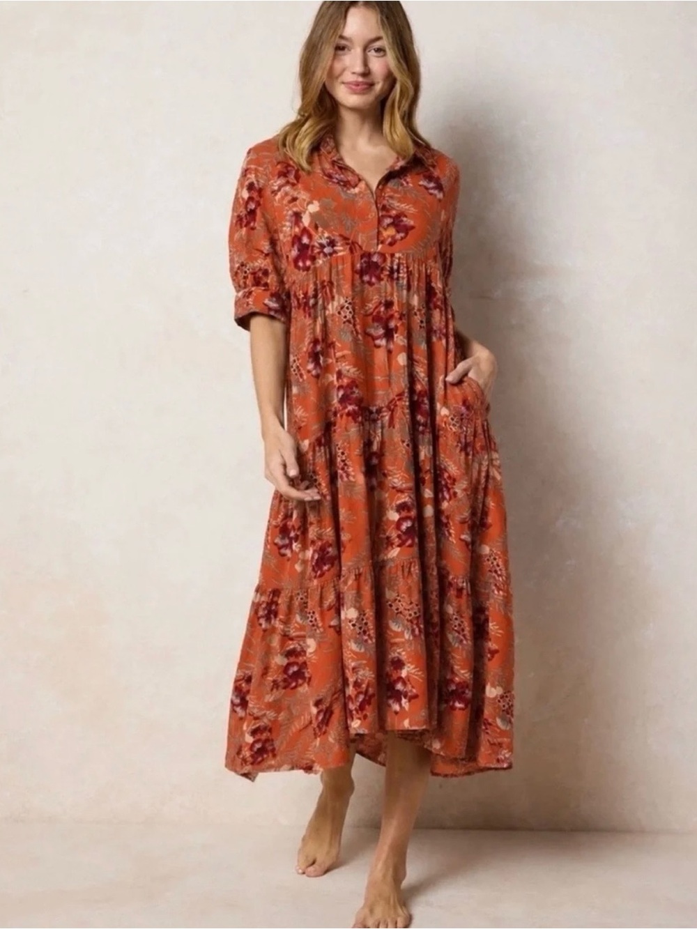 Natural Life Rebecca Tiered Midi Dress in Rust / Orange Sz Large NWOT - Picture 2 of 10
